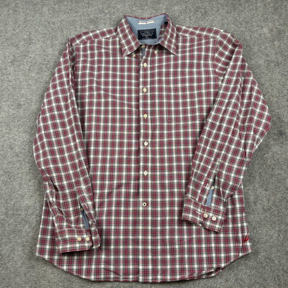 Nautica Button Down Shirt Mens XL Red White Blue Plaid Sailor Surf Beach 90s Y2K
